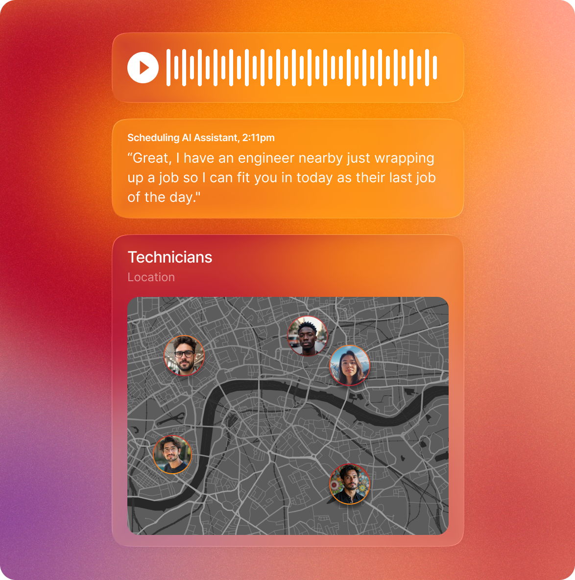 A map of engineers across London with an Elyos AI Agent speaking with a customer to schedule their job to the right engineer
