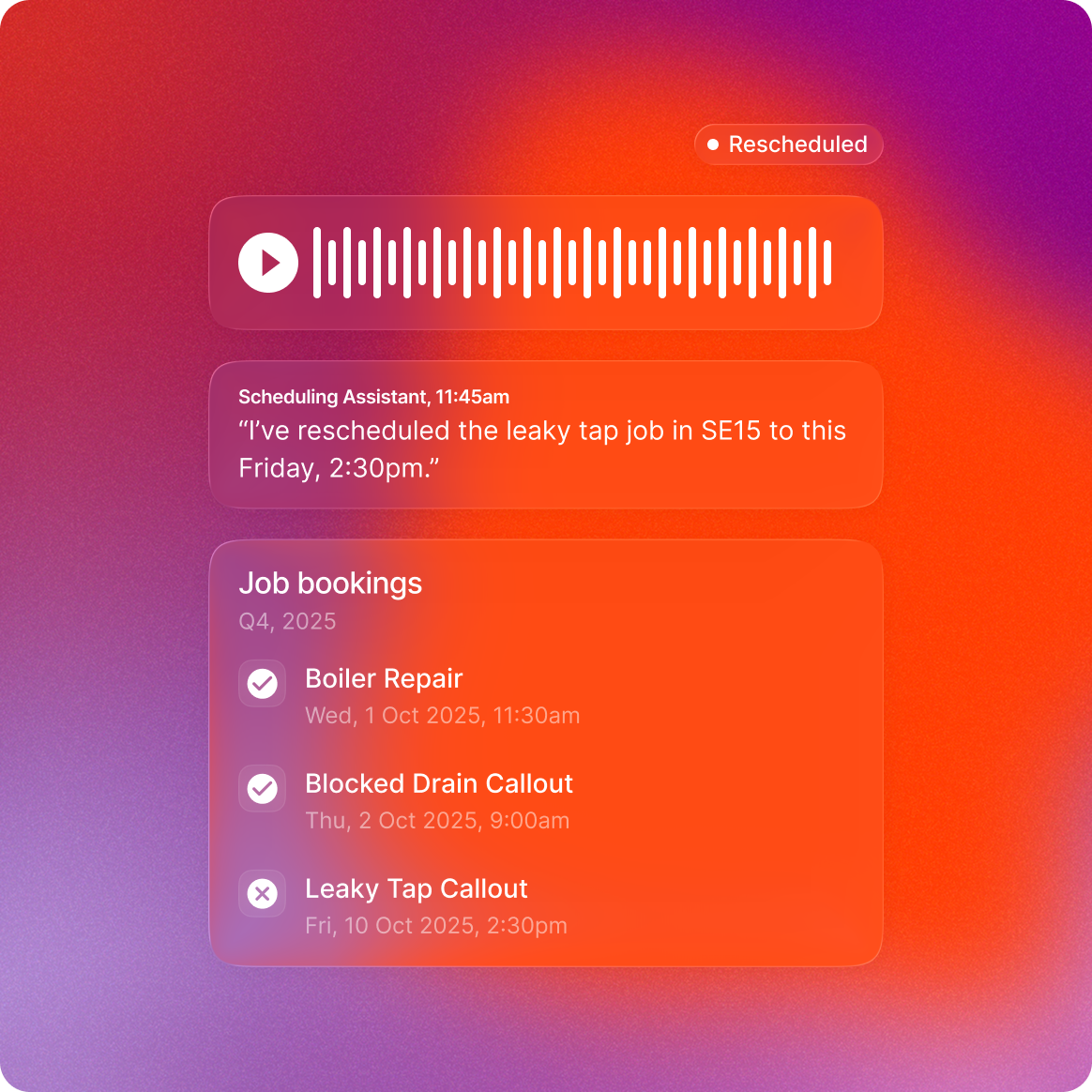 A visual of a call received by a customer, answered with Elyos AI Agents to help with a leaky tap