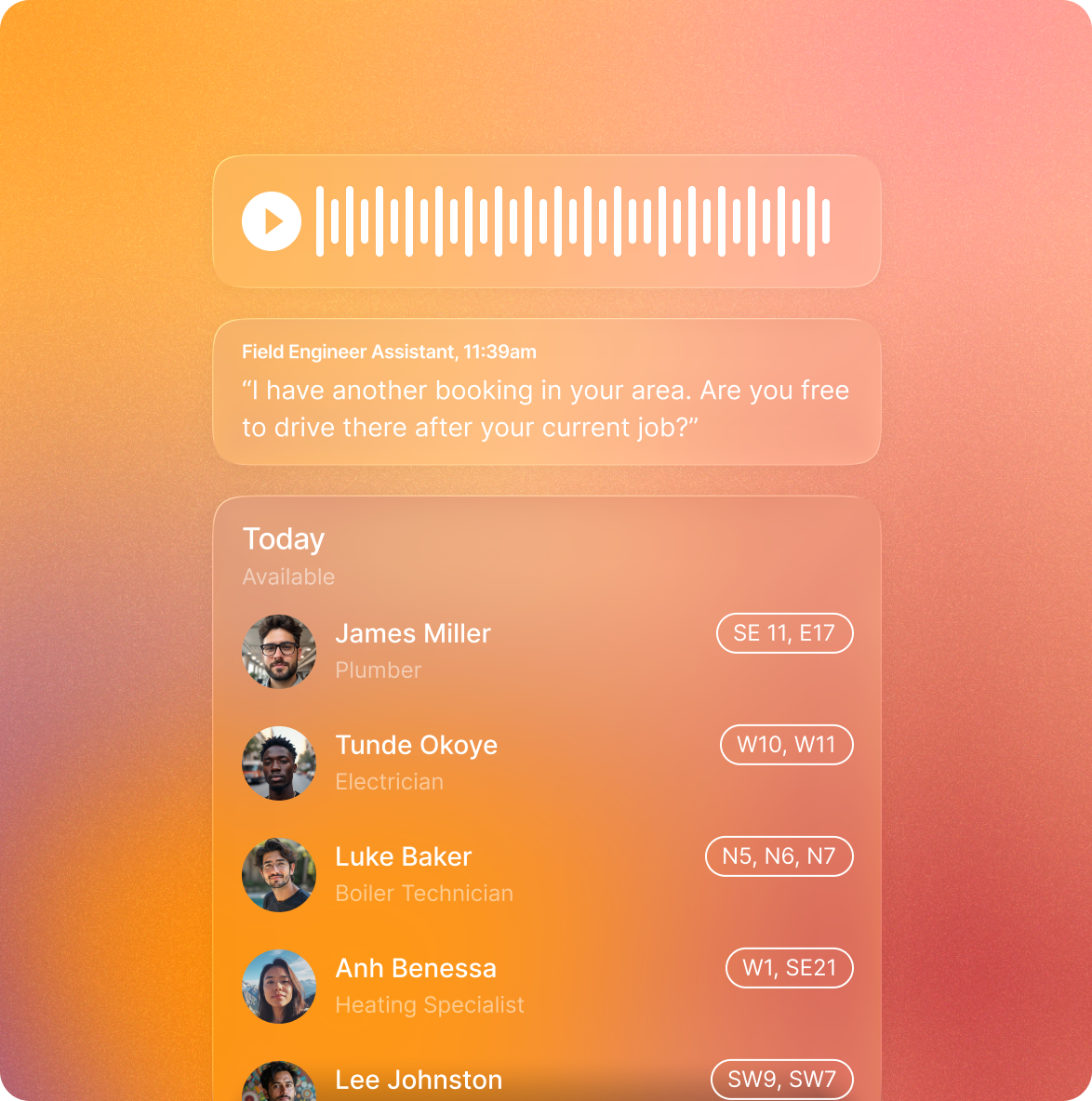 A list of engineers with their postcodes and the Elyos AI Assistant calling the engineer to see who is available for their next job