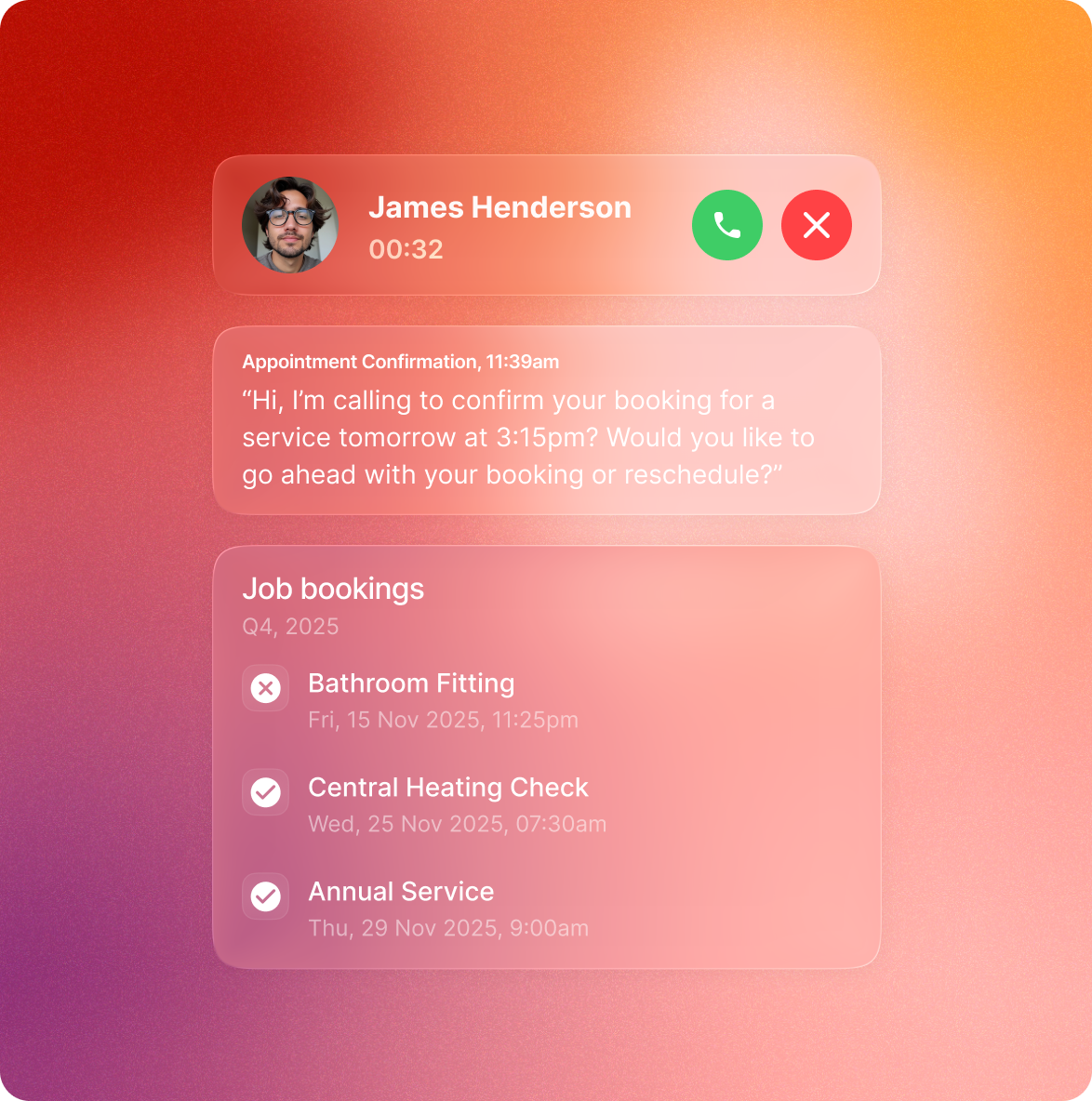 The Elyos AI Appointment Reminder Agent calling a customer to confirm and appointment at 3.15pm.